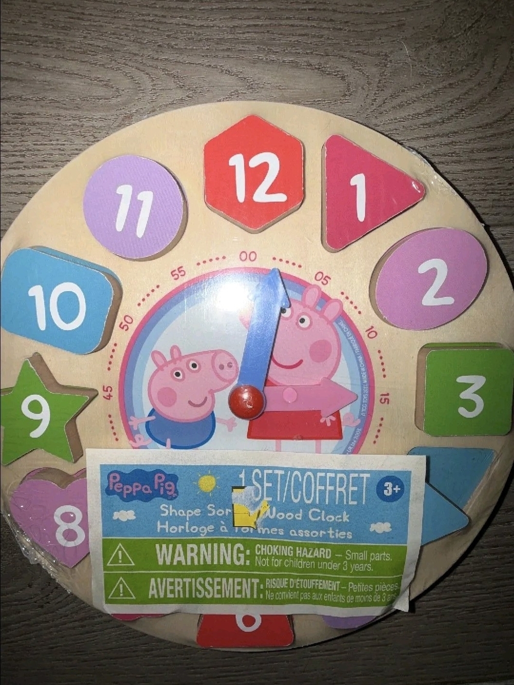 Peppa Pig Wooden Shape Sorting Clock - Pink Blue Green Red Purple